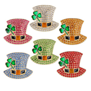 Broche chapeau trèfle à quatre feuilles en alliage plaqué or avec pierres en alliage de zinc pour mariage et fiançailles - Product Image 5