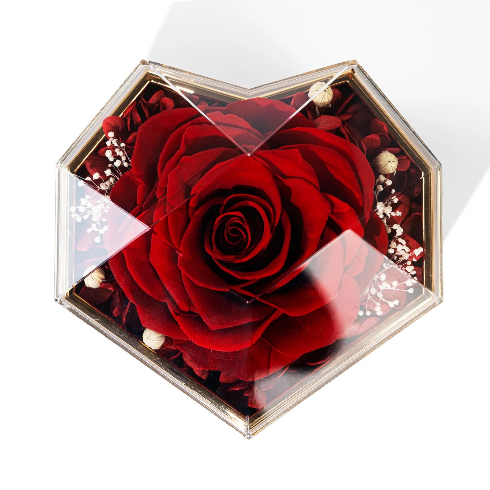 Kotak perhiasan hati bunga abadi merah yang diawetkan bunga mawar asli untuk hadiah Hari Ibu Hari Valentine