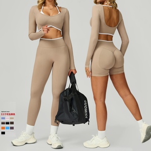 Naadloze Vrouwen Gym Set Lange Mouw 2 In 1 Contrast Kleur Butt Tillen Snelle Droge Loungewear Yoga Set Vier-Way Stretch - Product Image 1