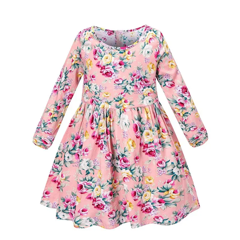 Sıcak satış batı giyim çocuk giyim çiçek baskı uzun kollu elbiseler 1-6 yıl pamuk çocuk kızların Bohemian plaj elbiseler
