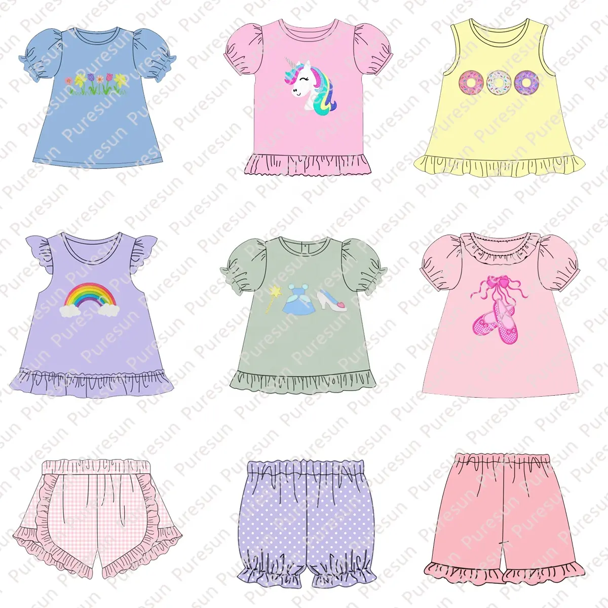 Puresun Baby Girls Spring Summer Applique Tee Shirt Kids Smocked Wholesale Children Clothing Set