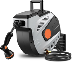 Carrete retráctil para manguera <span class=keywords><strong>de</strong></span> jardín <span class=keywords><strong>de</strong></span> PVC <span class=keywords><strong>de</strong></span> 1/2 pulgada x 50 pies, montado en pared, con conexión <span class=keywords><strong>de</strong></span> latón <span class=keywords><strong>de</strong></span> 3/4 pulgadas y boquilla pulverizadora <span class=keywords><strong>de</strong></span> 10 funciones, automático - Product Image 1