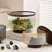 Bol à salade en verre côtelé avec base et couvercle en bois d'acacia 1,8L 3L 4,3L, ensemble de bols à fruits sur pied et bols mélangeurs cannelés sans plomb