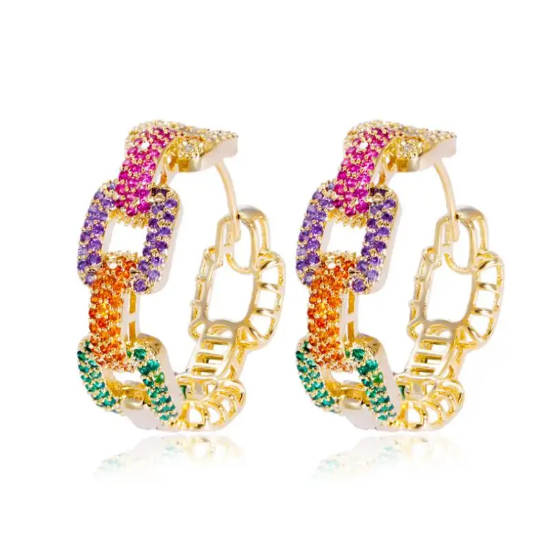 Trendy Colorful Micro Pave Cubic Zircon Ear Rings Gold Plated Geometric Cuban Chain Link Hoop Earrings For Women CZ Jewelry
