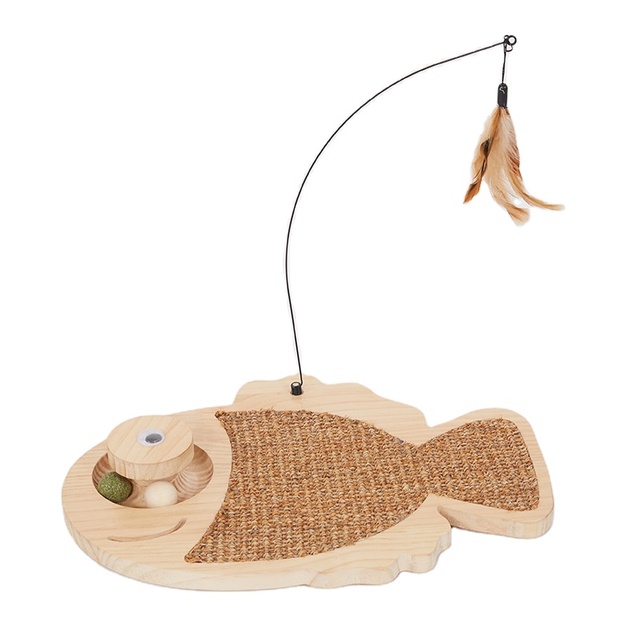 Hot Sale Sustainable Wood & Sisal Cat Scratcher with Cat Toy and Balls for Fun and Rest