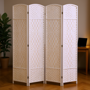 Paravent pliant en bois blanc de 6 pieds de haut à 4 panneaux, écran de séparation tissé pour la maison, le bureau, la confidentialité, design minimaliste - Product Image 2
