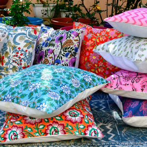 Indian Hand Block Print Cotton Multi Color Square Cushion Cover with Cartoon Animal Design Bohemian Style Customizable Handmade - Product Image 1