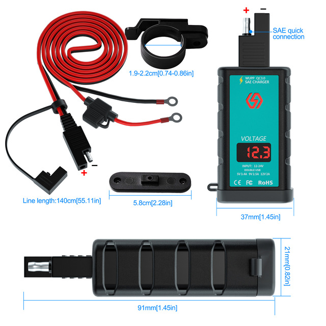 12V Quick Charge SAE Adapter with QC3.0 & PD Dual Port (USB-C + USB-A) Charger for Motorcycles - Fast & Efficient Charging