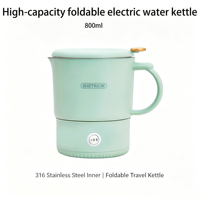 Bouilloire électrique pliable portable avec revêtement intérieur en acier inoxydable 316, bouilloire à eau de voyage de 800 ml avec double contrôle de température