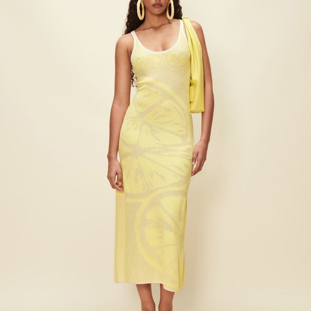 New Design Lemon Print Knit Bodycon Maxi Summer Dress Casual Elegant Women's