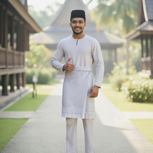 TELUK BELANG Malaysia SIPO tradizionale <span class=keywords><strong>Beige</strong></span> chiaro colletto mandarino vestito con blu-<span class=keywords><strong>bianco</strong></span> grembiule, pietrisco sentiero - Product Image 1