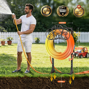 Freestanding <b>garden</b> hose rack with 2 tool <b>hooks</b> for storing 160-foot hoses. Outdoor patio storage rack. - Product Image 3