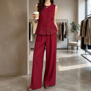 Conjunto de Pantalones Anchos con Encaje Rojo sin Mangas para Mujer, Cuello en V, Corte Holgado, Ropa Formal de Primavera, Antiarrugas, Poliéster/Algodón - Product Image 3