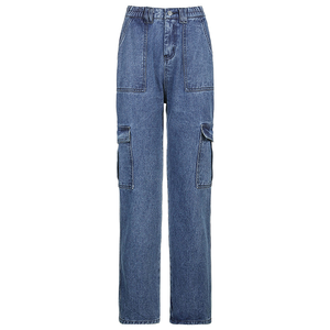 Vendita calda nuova moda donna estate Streetwear Jeans larghi a vita media <span class=keywords><strong>pantaloni</strong></span> dritti in Denim <span class=keywords><strong>con</strong></span> tasche a gamba larga <span class=keywords><strong>pantaloni</strong></span> Cargo - Product Image 1
