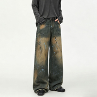 Nouveau jean large à dégradé brun foncé et bleu clair, effet éclaboussures de peinture, peint à la main, effet vieilli, coupe ample, longueur au sol en denim