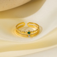 Vintage Double Couche Couronne Anneau Femmes Étanche Plaqué Or Anneau Émeraude Zircon Ouverture En Acier Inoxydable Anneau Bijoux