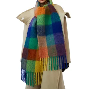 New wholesale AC Winter Large lattice multicolor scarf Cashmere warm woman fashion oversize tassel long cashmere scarf
