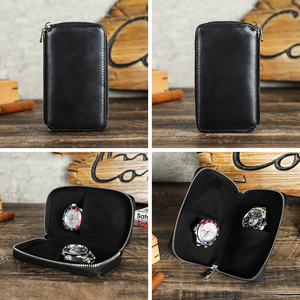 Luxury Custom Logo Black Oiled Genuine Cowhide Leather 2 Slot Couple Zipper Watch Storage Travel <b>Pouch</b> for <b>Men</b> Women - Product Image 3
