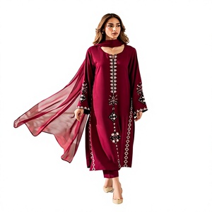 Salwar Kameez Bordado Color Granate para Mujer, Corte Holgado, Largo hasta el Tobillo, Rayón, Estilo Tradicional Informal de India y Pakistán, para Todas las Temporadas - Product Image 1