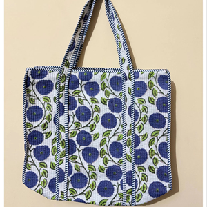 Sac fourre-tout matelassé en coton à motif floral bleu, imprimé floral personnalisé, ensemble de 3 pochettes, sac de marché, sac à bandoulière, prix de gros - Product Image 1