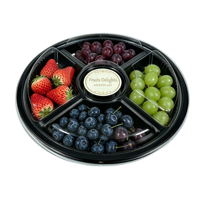 Plateau de service rond noir en PET de qualité alimentaire pour noix et fruits secs, boîte à compartiments, plateau à bonbons en plastique à 5 compartiments avec couvercle transparent