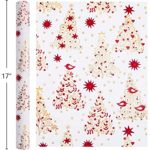 Christmas <b>Wrapping</b> <b>Paper</b> Roll 17in x 32.8ft Red Gold Foil Trees Stars Birds Gift Wrap for Holiday Celebration - Product Image 6