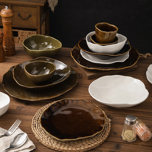 Bộ đồ ăn bằng gốm cổ điển với tấm cạnh lượn sóng bát chén cho nhà hàng cafe - Product Image 1