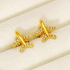 Boucles d'oreilles pour femme en acier inoxydable 316L plaqué or 14k 18k PVD, couleur or personnalisée, motif avion avec diamants, tendance - Product Image 1