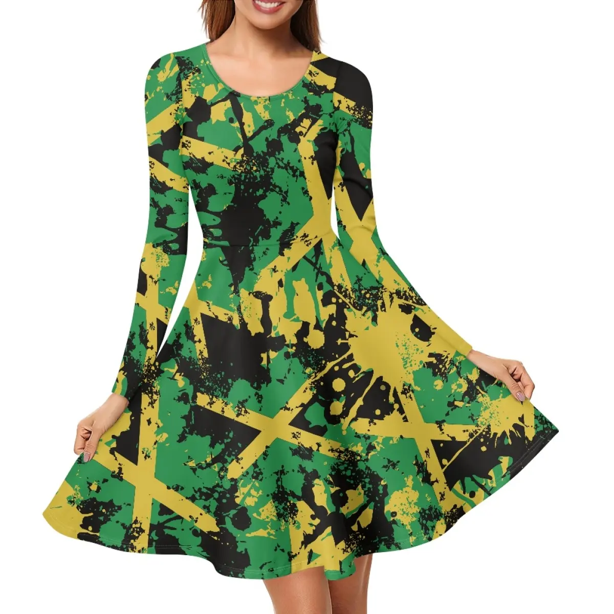 Оптовая продажа, платье-футляр с принтом Ямайки и длинными рукавами, весенне-осенние юбки для женщин, платье с принтом карибской страны