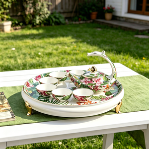 Service à thé en porcelaine fine à motifs floraux anglais, 8 pièces, avec plateau - Product Image 1