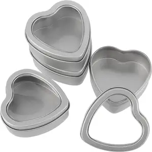 Boîtes vides en métal argenté en forme de coeur avec couvercles de fenêtre à vue dégagée pour la fabrication de bougies, de bonbons, de cadeaux et de trésors (argent)