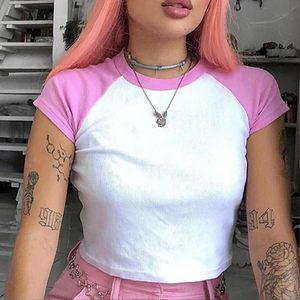 Babyhealthy-Camiseta corta raglán para mujer, Top de punto transpirable de manga corta con cuello redondo acanalado estilo Y2K para chicas adolescentes, ropa de verano - Product Image 2
