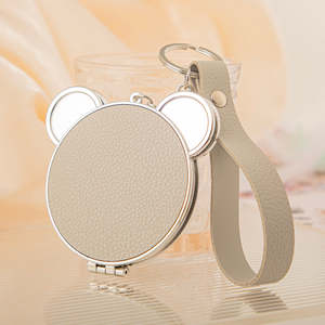 <b>Cute</b> <b>Bear</b> Head Shaped PU Leather Compact Mirror with Keychain Double Sided Folding Travel Mirror With Plastic Frame Strap - Product Image 6