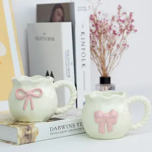 Ins Hand-made Ceramic Embossed Pink Bow Mug Birthday Gift Coffee Cup