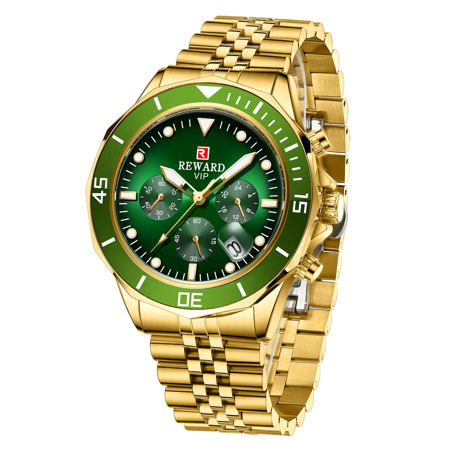 男性用の新しいデザインREWARDVIPビジネスウォッチステンレスクォーツ腕時計防水クロノグラフルミナススポーツ腕時計