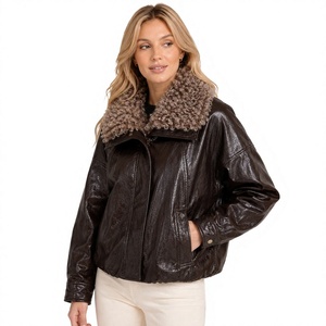 Artificial Fur <b>Women's</b> Short Slim-fit Bomber <b>Jacket</b> with <b>Spring</b> Stand Collar Full Sleeves Solid Down <b>Jacket</b> <b>women</b> leather <b>jacket</b> - Product Image 1