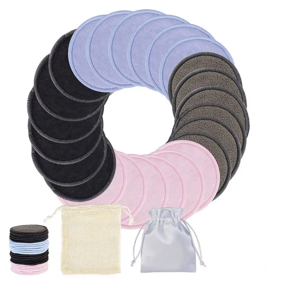 Tampons démaquillants réutilisables, 24 pièces de tampons de coton en bambou lavables en coton biologique tampons de toner nettoyants pour le visage