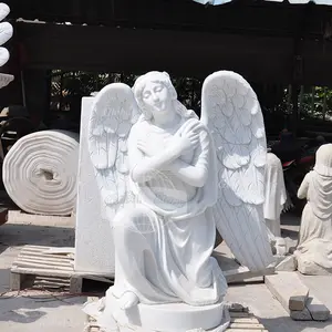 Outdoor Garden Large White Marble Weeping Sad Angels Sculpture Life Size Crying Kneeling Angel Stone Statue