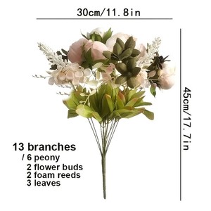 Ramo de 13 Cabezas de Flores Artificiales de Peonía Hechas a Mano, Venta al por Mayor de Fábrica, Decoración para Bodas, Graduaciones y Hogar - Product Image 2