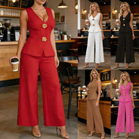 Ensemble tailleur tendance Y9643 pour femme : Blazer sans manches à grands boutons dorés et pantalon large – Idéal pour le bureau et les affaires