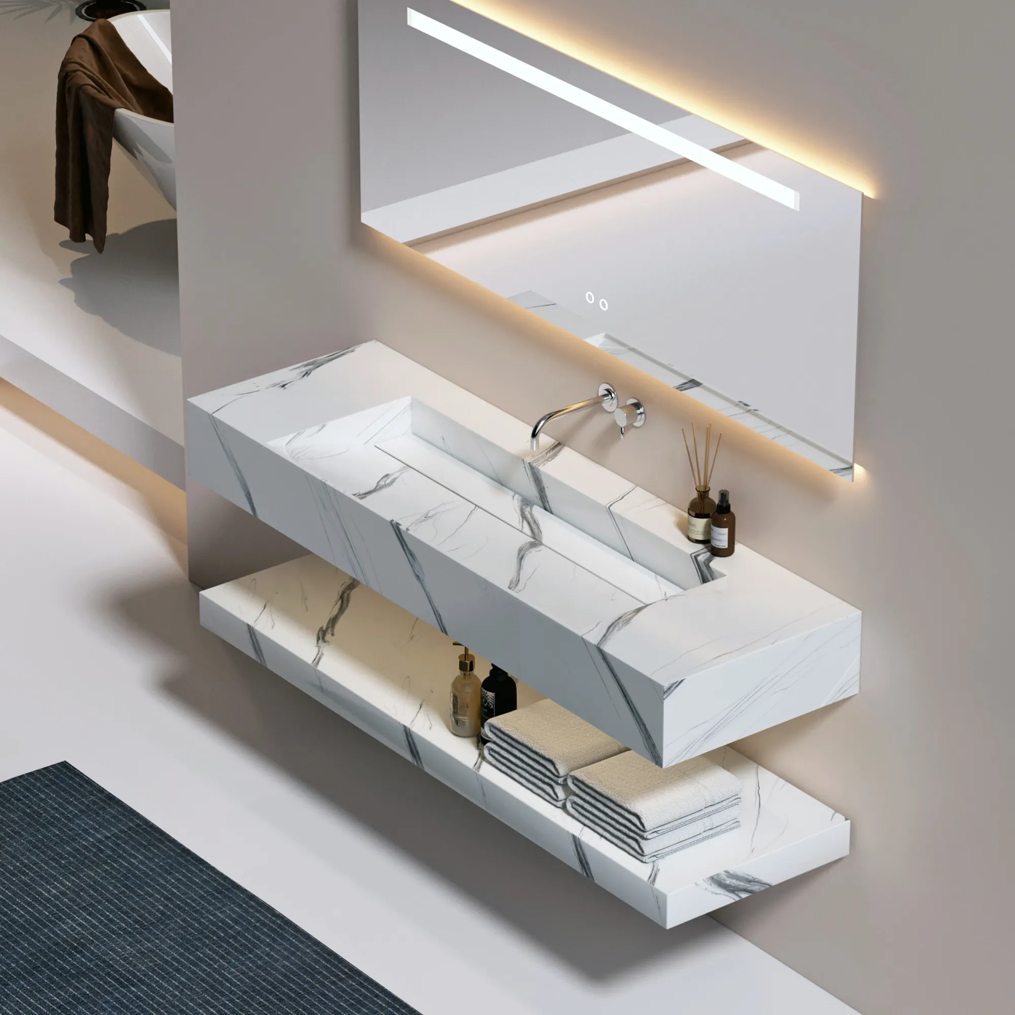 Modernes Design Hotel Badezimmer eitelkeit mit Waschbecken Schrank Einzel waschbecken Spiegel Badezimmer eitelkeit Massive Oberfläche Schrank Waschbecken