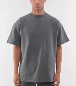 T-shirt noir surdimensionné 300 Gsm avec logo personnalisé en gros T-shirt à imprimé bouffant 100% coton pour hommes lourds