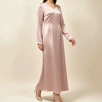 Ensemble 2 pièces modeste pour femme en polyester rose poudré, robe longue à manches longues et col en V, cardigan en dentelle vert sauge, tenue musulmane pour l'Aïd et les mariages