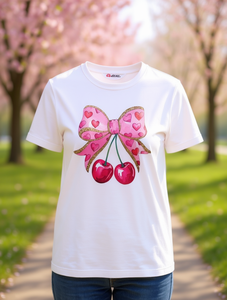 T-Shirt da Donna Socoz con Collo Tondo, Manica Corta, Stampa Cuore e Ciliegia, Stile Casual Sportivo per San Valentino, 100% Cotone Jersey, Primavera - Product Image 2