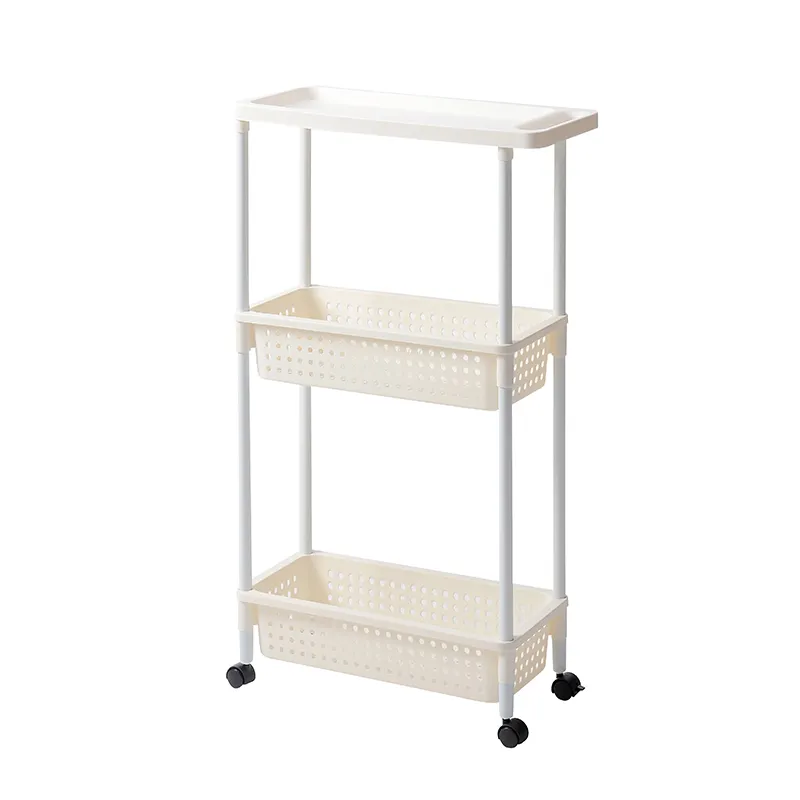 3 Tier Mobile Shelving Unit Organizer Narrow Home Slide Out Tower Slim Kitchen Storage Racks with Three Basket