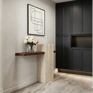 <span class=keywords><strong>Console</strong></span> moderne minimaliste en travertin avec plateau en bois de noyer, <span class=keywords><strong>table</strong></span> <span class=keywords><strong>console</strong></span> en pierre naturelle pour couloir, hôtel ou maison - Product Image 4