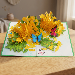 Carte de vœux florale 3D pop-up faite à la main, fleurs de marguerite jaunes, papillons, art de la découpe de papier, artisanat, forme personnalisée, design découpé à la forme - Product Image 1
