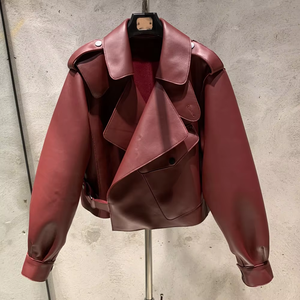 Chaqueta de Cuero de Piel de Oveja Auténtica de Lujo para Mujer, Chaqueta Corta con Solapa Grande Estilo Motero - Product Image 4