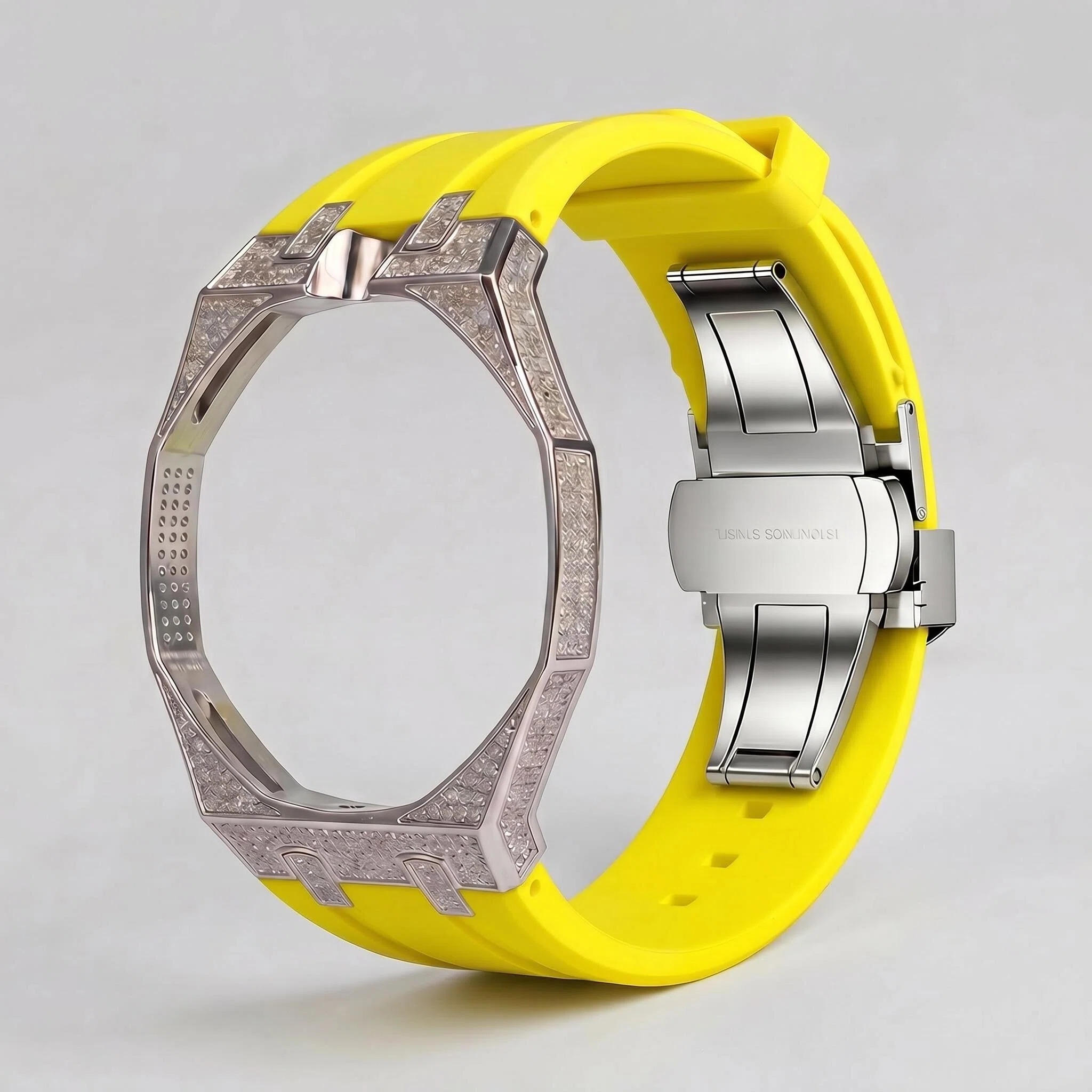 Diamant argenté, bande jaune, 12 heures.