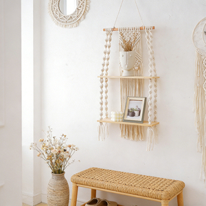 Scaffale Moderno in Stile Bohemien per <span class=keywords><strong>Libri</strong></span> e Piante, Portaoggetti da Parete in Legno e Tessuto Intrecciato a Mano per B&B e Soggiorno - Product Image 2